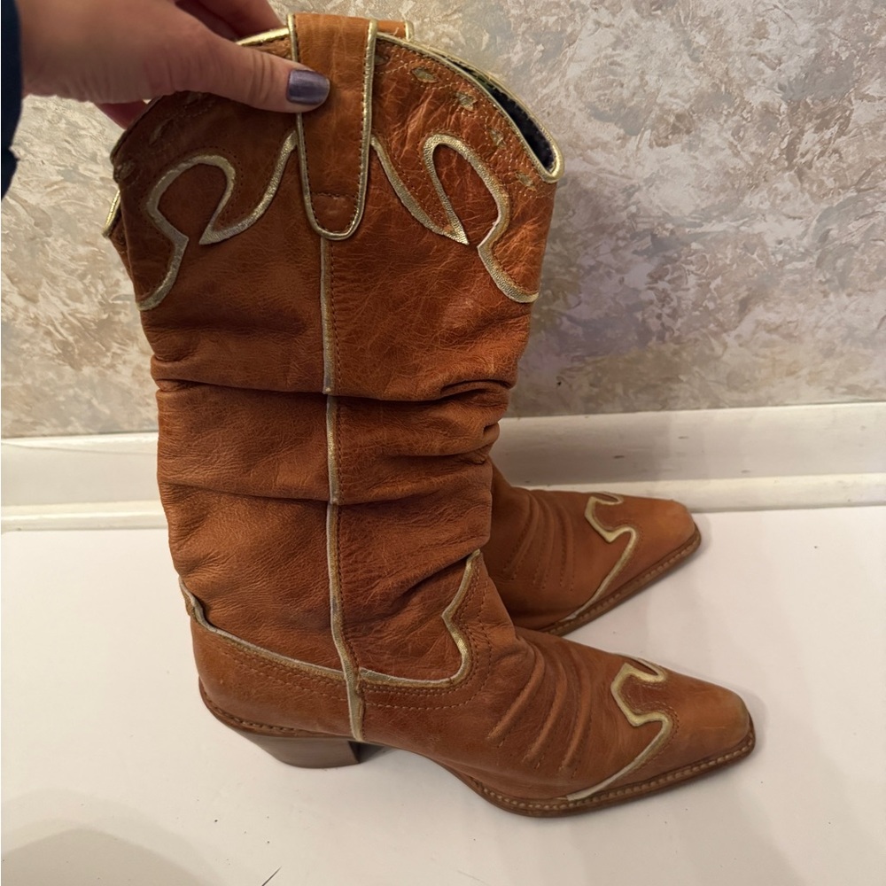 Nana Boots Womens 7 Brown Leather Gold Metallic Western Slouch Cowboy